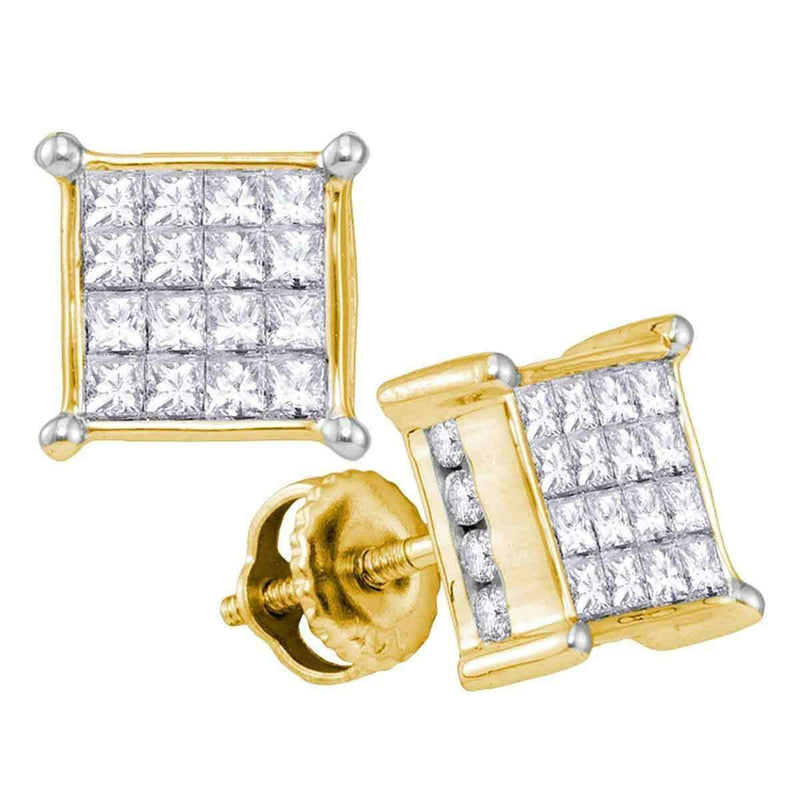 14kt Yellow Gold Women's Princess Diamond Cluster Stud Earrings 1.00 Cttw - FREE Shipping (US/CAN)-Gold & Diamond Earrings-JadeMoghul Inc.