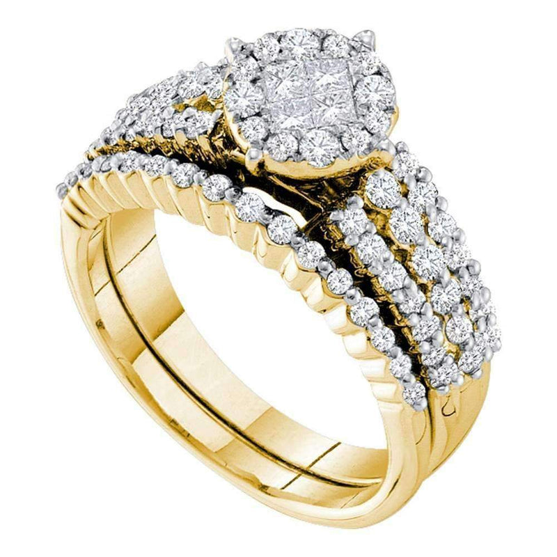 14kt Yellow Gold Womens Princess Diamond Soleil Bridal Wedding Engagement Ring Band Set 1-1-5 Cttw-Gold & Diamond Wedding Ring Sets-JadeMoghul Inc.