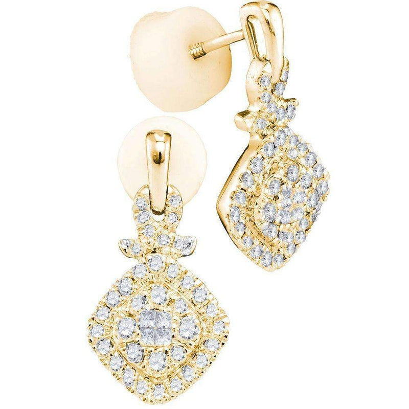 14kt Yellow Gold Women's Princess Diamond Soleil Square Frame Cluster Dangle Earrings 1-2 Cttw - FREE Shipping (US/CAN)-Gold & Diamond Earrings-JadeMoghul Inc.