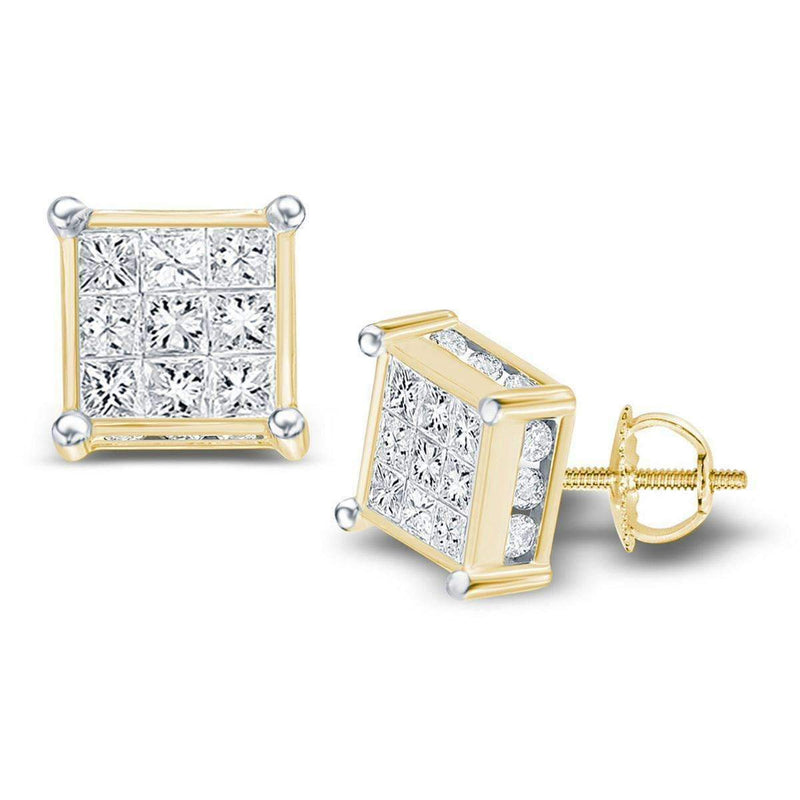 14kt Yellow Gold Women's Princess Diamond Square Cluster Stud Earrings 1-2 Cttw - FREE Shipping (US/CAN)-Gold & Diamond Earrings-JadeMoghul Inc.