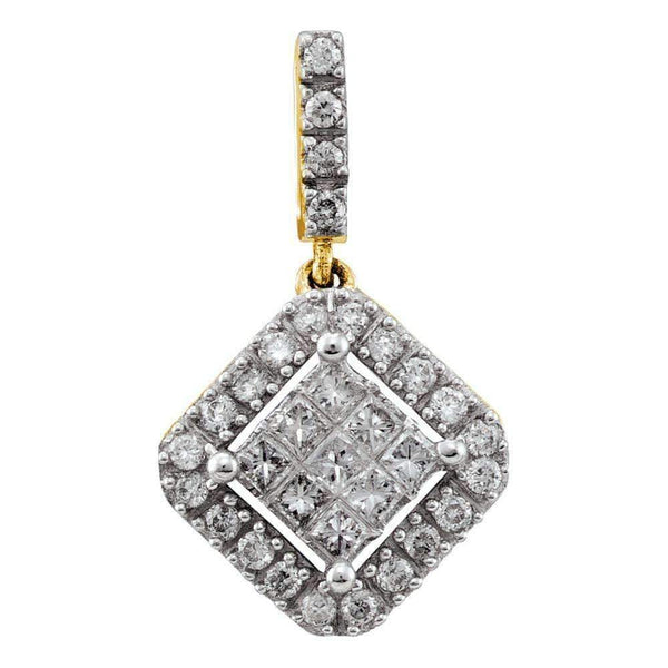 14kt Yellow Gold Women's Princess Round Diamond Diagonal Square Cluster Pendant 1-3 Cttw - FREE Shipping (US/CAN)-Gold & Diamond Pendants & Necklaces-JadeMoghul Inc.