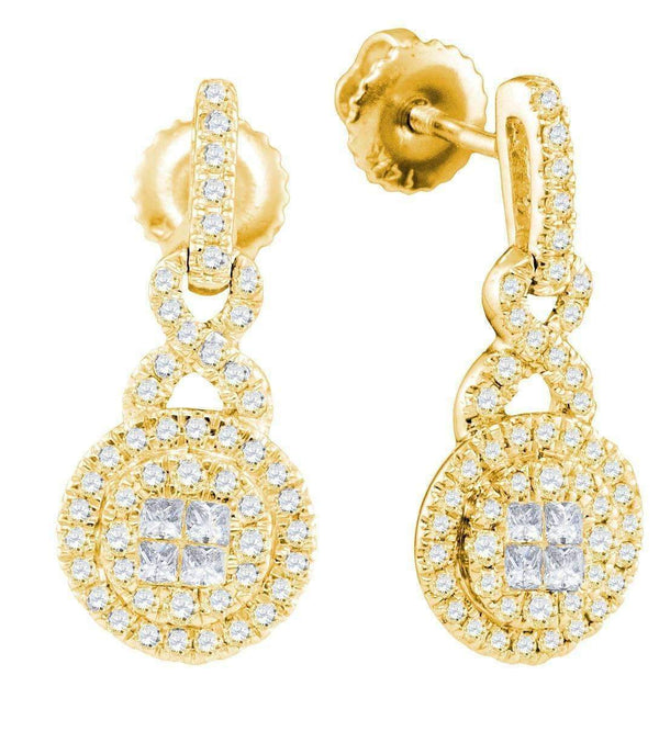 14kt Yellow Gold Women's Princess Round Diamond Soleil Cluster Dangle Earrings 1-2 Cttw - FREE Shipping (US/CAN)-Gold & Diamond Earrings-JadeMoghul Inc.