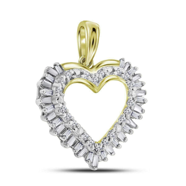 14kt Yellow Gold Women's Round Baguette Diamond Heart Frame Outline Pendant 1-4 Cttw - FREE Shipping (US/CAN)-Gold & Diamond Pendants & Necklaces-JadeMoghul Inc.