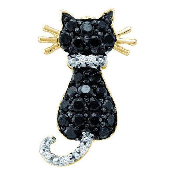 14kt Yellow Gold Women's Round Black Color Enhanced Diamond Kitty Cat Feline Pendant 1-3 Cttw - FREE Shipping (US/CAN)-Gold & Diamond Pendants & Necklaces-JadeMoghul Inc.