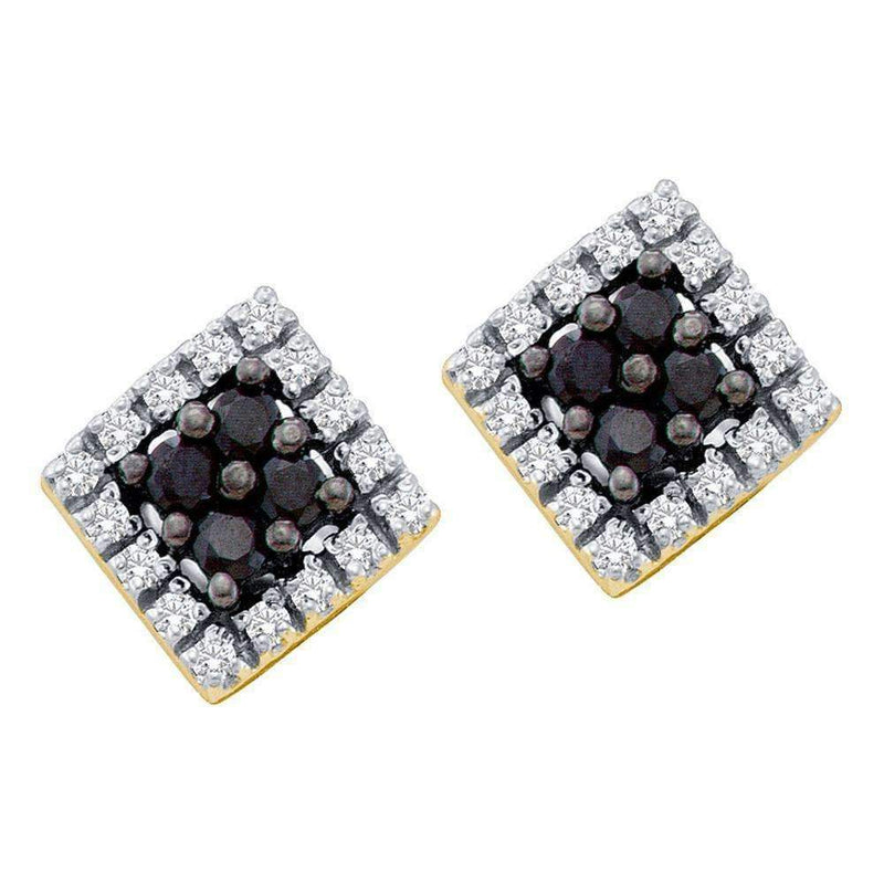 14kt Yellow Gold Women's Round Black Color Enhanced Diamond Square Cluster Earrings 1-4 Cttw - FREE Shipping (USA/CAN)-Gold & Diamond Earrings-JadeMoghul Inc.