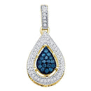 14kt Yellow Gold Women's Round Blue Color Enhanced Diamond Teardrop Cluster Pendant 1-5 Cttw - FREE Shipping (US/CAN)-Gold & Diamond Pendants & Necklaces-JadeMoghul Inc.