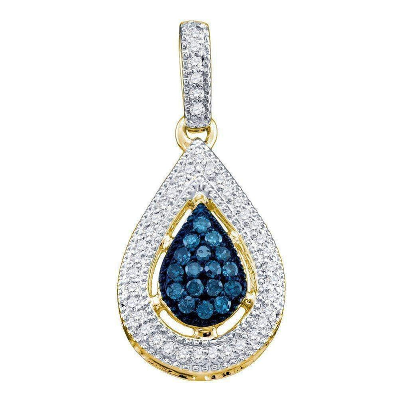 14kt Yellow Gold Women's Round Blue Color Enhanced Diamond Teardrop Cluster Pendant 1-5 Cttw - FREE Shipping (US/CAN)-Gold & Diamond Pendants & Necklaces-JadeMoghul Inc.