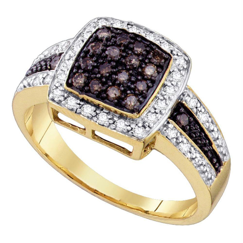 14kt Yellow Gold Womens Round Brown Color Enhanced Diamond Cluster Ring 1-2 Cttw - Size 9-Gold & Diamond Cluster Rings-JadeMoghul Inc.