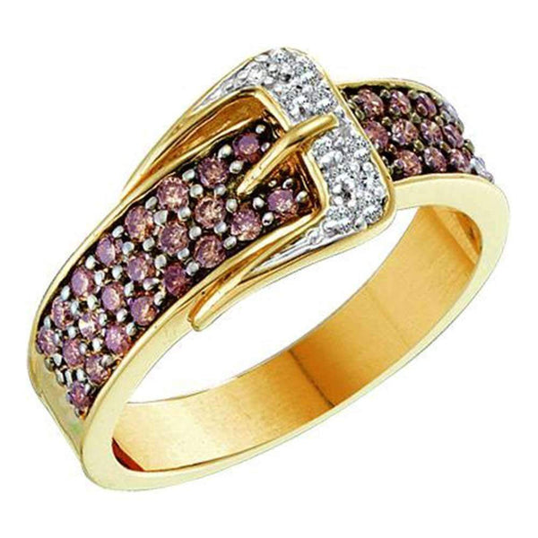 14kt Yellow Gold Women's Round Cognac-brown Color Enhanced Diamond Belt Buckle Band Ring 1/2 Cttw - FREE Shipping (US/CAN)-Gold & Diamond Fashion Rings-5-JadeMoghul Inc.