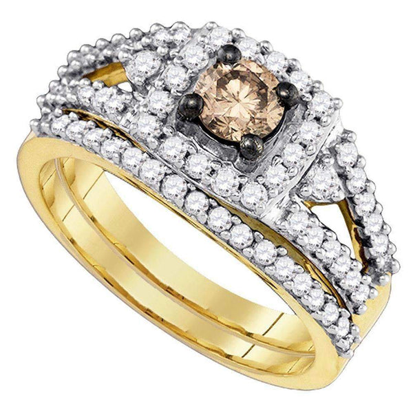 14kt Yellow Gold Women's Round Cognac-brown Color Enhanced Diamond Bridal Wedding Engagement Ring Band Set 1.00 Cttw - FREE Shipping (US/CAN)-Gold & Diamond Wedding Ring Sets-5-JadeMoghul Inc.
