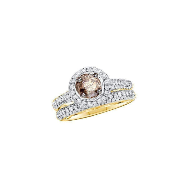 14kt Yellow Gold Women's Round Cognac-brown Color Enhanced Diamond Bridal Wedding Engagement Ring Set Size 5-Gold & Diamond Wedding Ring Sets-4-JadeMoghul Inc.