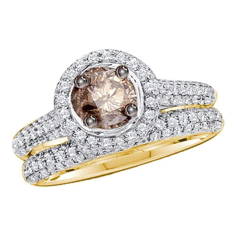 14kt Yellow Gold Women's Round Cognac-brown Color Enhanced Diamond Bridal Wedding Engagement Set 1-1/4 Cttw - FREE Shipping (US/CAN)-Gold & Diamond Wedding Ring Sets-5-JadeMoghul Inc.
