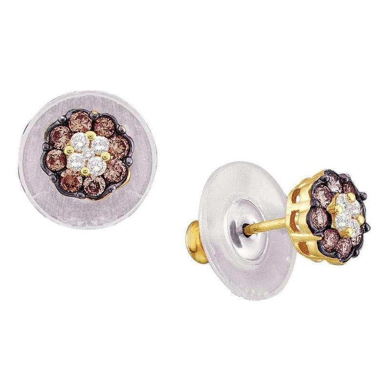 14kt Yellow Gold Women's Round Cognac-brown Color Enhanced Diamond Cluster Earrings 1-2 Cttw - FREE Shipping (US/CAN)-Gold & Diamond Earrings-JadeMoghul Inc.