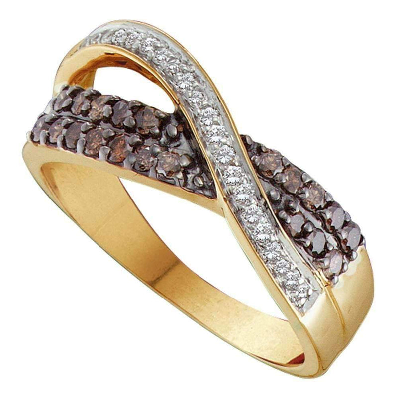 14kt Yellow Gold Women's Round Cognac-brown Color Enhanced Diamond Crossover Band Ring 1/2 Cttw - FREE Shipping (US/CAN)-Gold & Diamond Bands-5-JadeMoghul Inc.