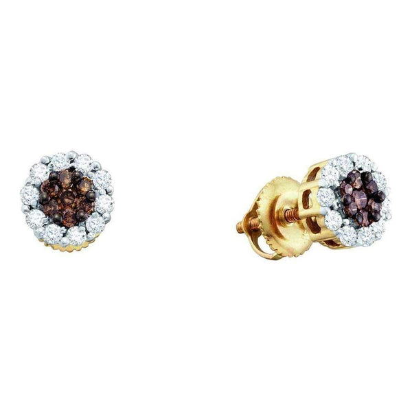 14kt Yellow Gold Women's Round Cognac-brown Color Enhanced Diamond Flower Cluster Screwback Earrings 1-2 Cttw - FREE Shipping (USA/CAN)-Gold & Diamond Earrings-JadeMoghul Inc.
