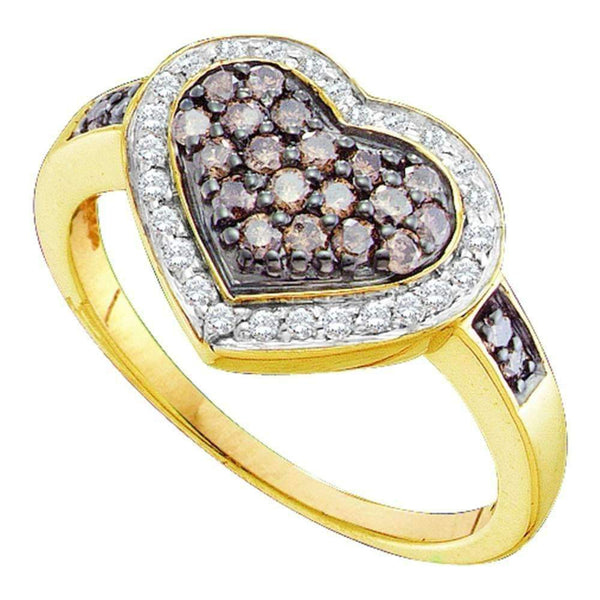 14kt Yellow Gold Women's Round Cognac-brown Color Enhanced Diamond Framed Heart Cluster Ring 1/2 Cttw - FREE Shipping (US/CAN)-Gold & Diamond Heart Rings-5-JadeMoghul Inc.