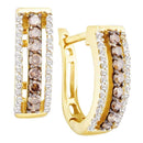14kt Yellow Gold Womens Round Cognac-brown Color Enhanced Diamond Hoop Earrings 1-2 Cttw - FREE Shipping (US/CAN)-Gold & Diamond Earrings-JadeMoghul Inc.