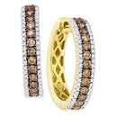 14kt Yellow Gold Women's Round Cognac-brown Color Enhanced Diamond Hoop Earrings 1.00 Cttw - FREE Shipping (USA/CAN)-Gold & Diamond Earrings-JadeMoghul Inc.