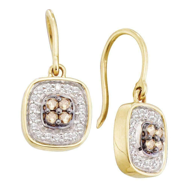14kt Yellow Gold Women's Round Cognac-brown Color Enhanced Diamond Square Cluster Dangle Earrings 1-3 Cttw - FREE Shipping (US/CAN)-Gold & Diamond Earrings-JadeMoghul Inc.