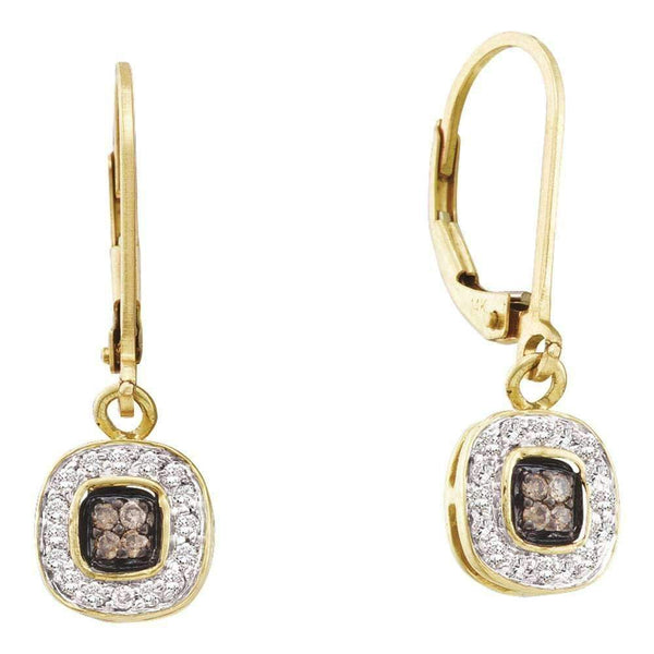 14kt Yellow Gold Women's Round Cognac-brown Color Enhanced Diamond Square Cluster Dangle Earrings 1-4 Cttw - FREE Shipping (USA/CAN)-Gold & Diamond Earrings-JadeMoghul Inc.