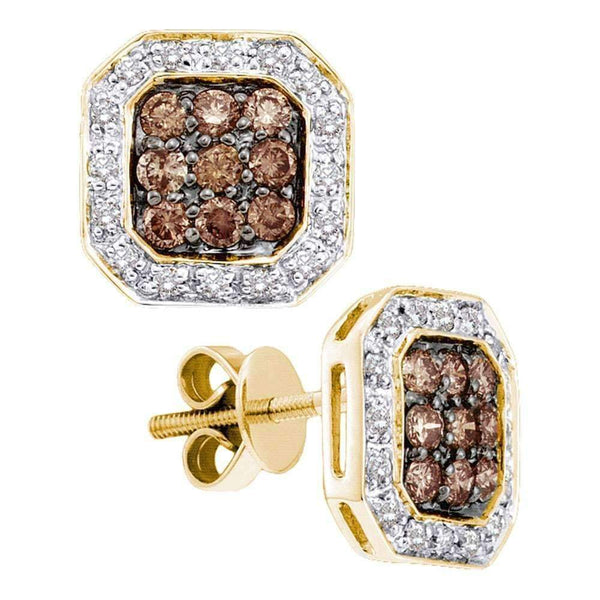 14kt Yellow Gold Women's Round Cognac-brown Color Enhanced Diamond Square Cluster Screwback Earrings 3-4 Cttw - FREE Shipping (US/CAN)-Gold & Diamond Earrings-JadeMoghul Inc.