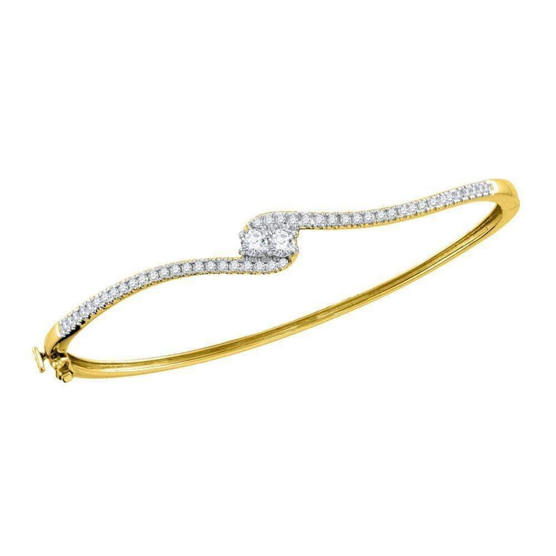 14kt Yellow Gold Women's Round Diamond 2-stone Bypass Bangle Bracelet 3-4 Cttw - FREE Shipping (US/CAN)-Gold & Diamond Bracelets-JadeMoghul Inc.