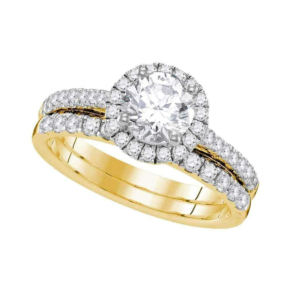 14kt Yellow Gold Womens Round Diamond Halo Bridal Wedding Engagement Ring Band Set 1-1/3 Cttw-Gold & Diamond Wedding Ring Sets-5-JadeMoghul Inc.