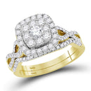14kt Yellow Gold Womens Round Diamond Halo Bridal Wedding Engagement Ring Band Set 1.00 Cttw-Gold & Diamond Wedding Ring Sets-JadeMoghul Inc.
