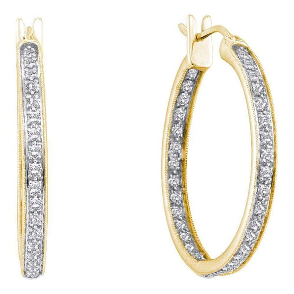 14kt Yellow Gold Women's Round Diamond Inside Outside Hoop Earrings 1-4 Cttw - FREE Shipping (US/CAN)-Gold & Diamond Earrings-JadeMoghul Inc.