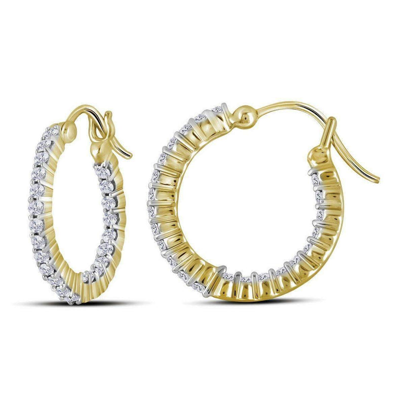 14kt Yellow Gold Women's Round Diamond Single Row Hoop Earrings 1.00 Cttw - FREE Shipping (US/CAN)-Gold & Diamond Earrings-JadeMoghul Inc.