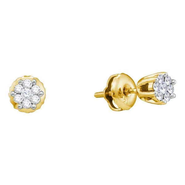 14kt Yellow Gold Women's Round Diamond Small Flower Cluster Screwback Earrings 1-6 Cttw - FREE Shipping (USA/CAN)-Gold & Diamond Earrings-JadeMoghul Inc.