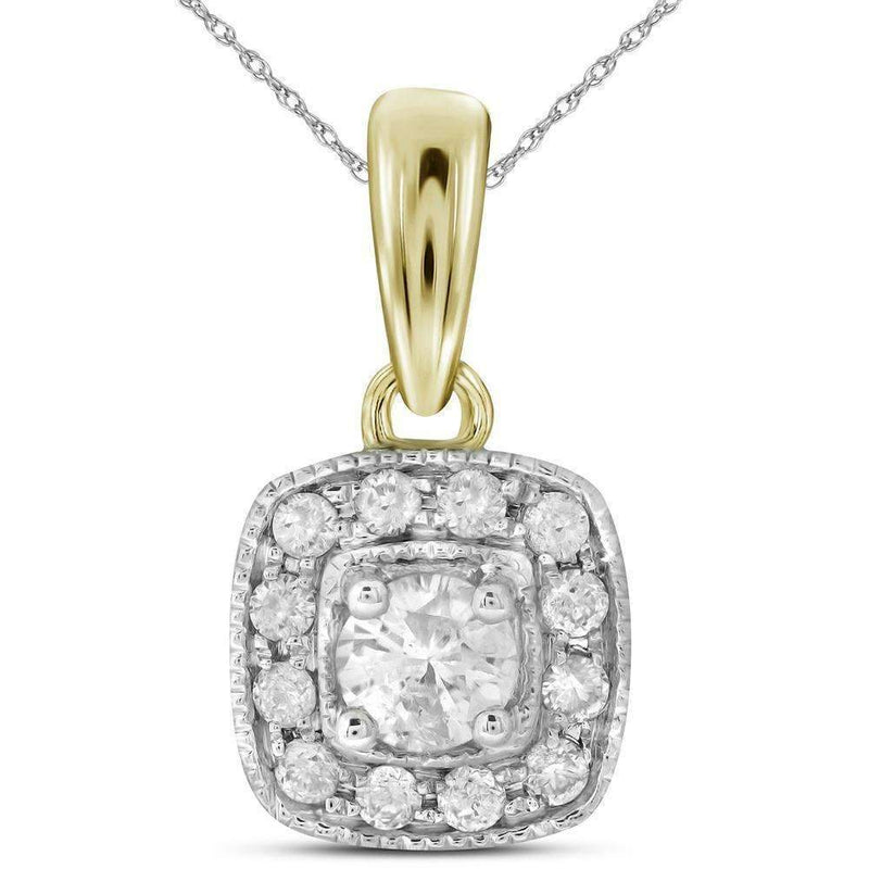 14kt Yellow Gold Womens Round Diamond Solitaire Square Halo Pendant 1-4 Cttw-Gold & Diamond Pendants & Necklaces-JadeMoghul Inc.