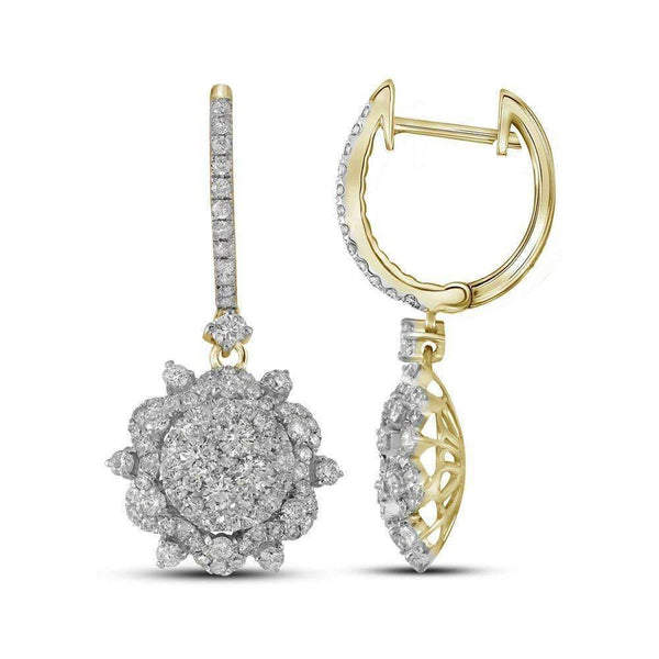 14kt Yellow Gold Women's Round Diamond Starburst Cluster Dangle Hoop Earrings 2-1-4 Cttw - FREE Shipping (USA/CAN)-Gold & Diamond Earrings-JadeMoghul Inc.