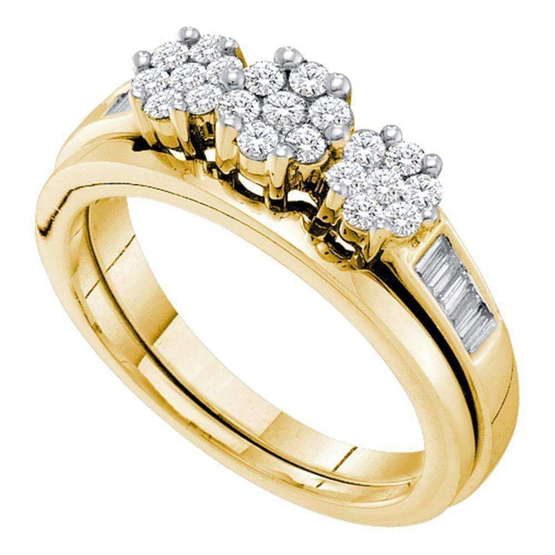 14kt Yellow Gold Women's Round Diamond Triple Cluster Bridal Wedding Engagement Ring Band Set 1/2 Cttw - FREE Shipping (US/CAN)-Gold & Diamond Wedding Ring Sets-5-JadeMoghul Inc.