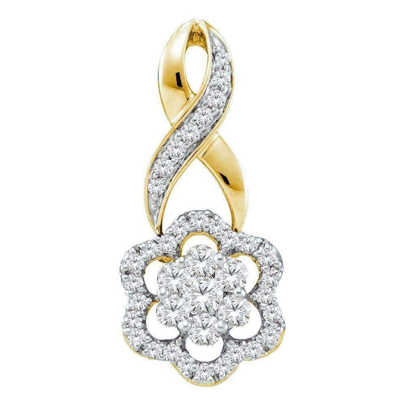 14kt Yellow Gold Women's Round Diamond Twist Flower Cluster Pendant 1-2 Cttw - FREE Shipping (US/CAN)-Gold & Diamond Pendants & Necklaces-JadeMoghul Inc.