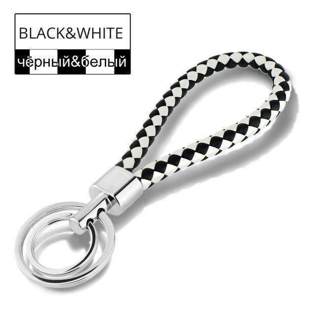 15 Colors PU Leather Braided Woven Rope Double Rings Fit DIY bag Pendant Key Chains Holder Car Keyrings Men Women Keychains K224-Black White-JadeMoghul Inc.