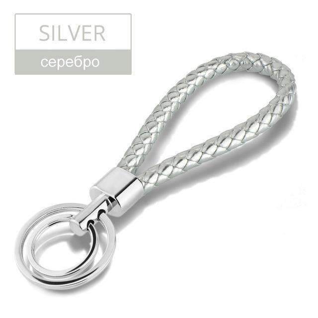 15 Colors PU Leather Braided Woven Rope Double Rings Fit DIY bag Pendant Key Chains Holder Car Keyrings Men Women Keychains K224-Silver-JadeMoghul Inc.