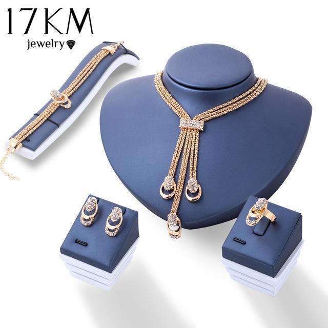 17K Rose Gold Color Crystal Necklace-Earring-Bracelet-Ring Set--JadeMoghul Inc.