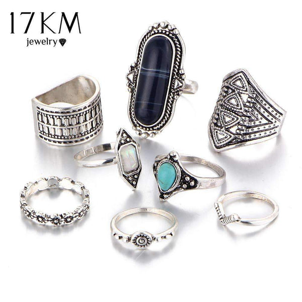 17KM Boho Jewelry Stone Midi Ring Sets for Women Anel Vintage Tibetan Turkish Silver Color Flower Knuckle Rings Gift 8pcs/Set-Silver2-JadeMoghul Inc.