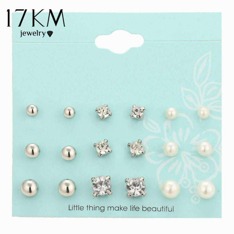 17KM New 9 Pairs/set Crystal Simulated Pearl Stud Earrings Piercing Gold Color Fashion Earrings For Women Bijoux Jewelry Brincos-EJCS080gold-Clear-JadeMoghul Inc.