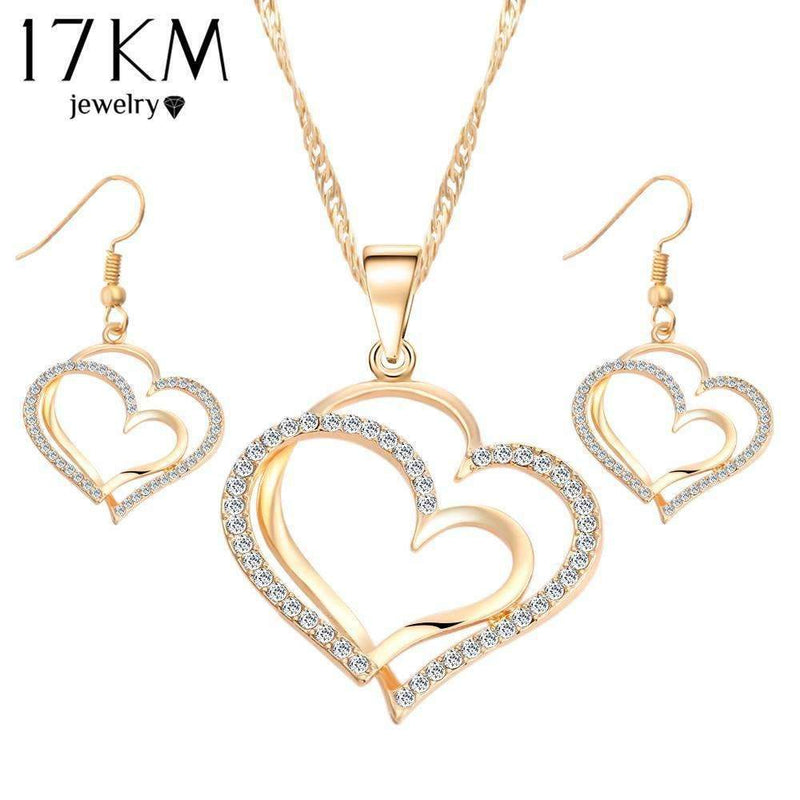 17KM Romantic Heart Pattern Crystal Earrings Necklace Set Silver Color Chain Jewelry Sets Wedding Jewelry Valentine's Gift-Gold42C10-JadeMoghul Inc.