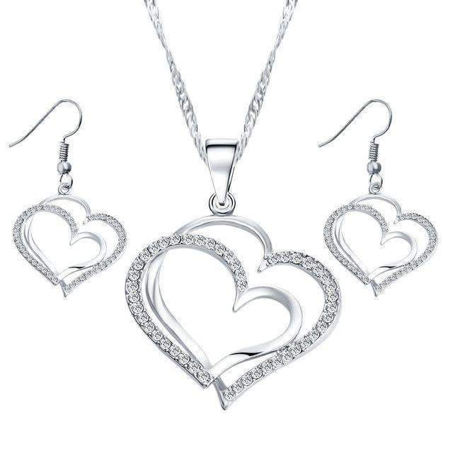17KM Romantic Heart Pattern Crystal Earrings Necklace Set Silver Color Chain Jewelry Sets Wedding Jewelry Valentine's Gift-Silver42C11-JadeMoghul Inc.