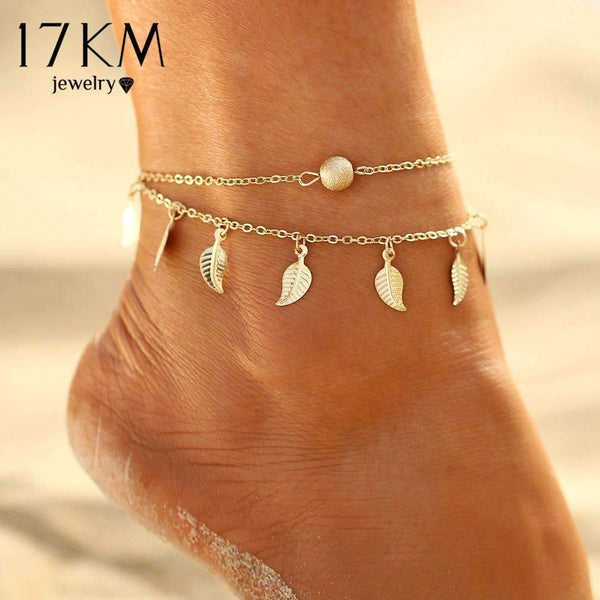 17KM Summer Beach 2 Color Double Leaves Pendant Anklet Foot Chain Bohemian Handmade Beads Anklets Foot Gothic Boho Jewelry-BJCS24825-JadeMoghul Inc.