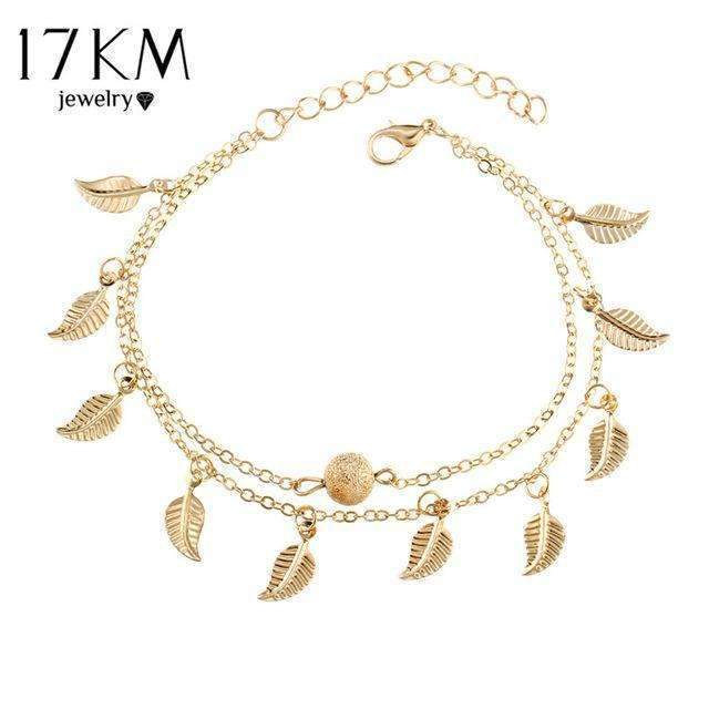 17KM Summer Beach 2 Color Double Leaves Pendant Anklet Foot Chain Bohemian Handmade Beads Anklets Foot Gothic Boho Jewelry-BJCS24851-JadeMoghul Inc.