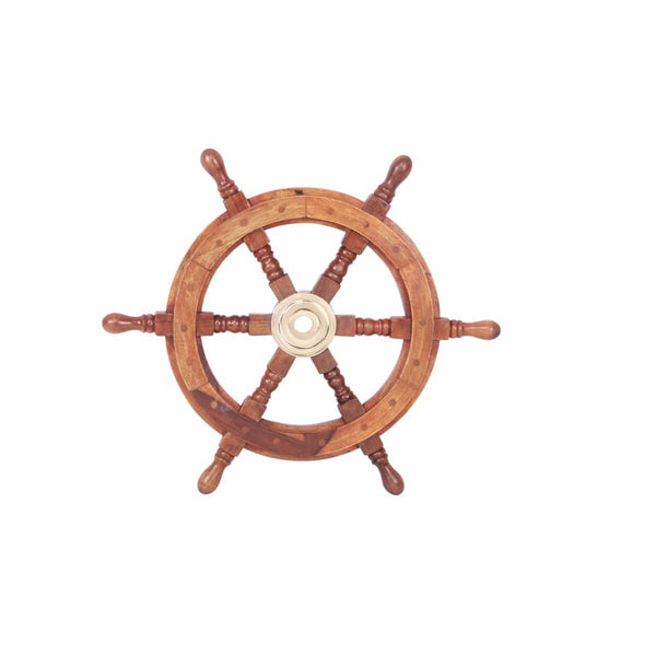 18" Teak Wood Ship Wheel with Brass Inset and Six Spokes, Brown and Gold-Nautical Decor-Brown and Gold-Teak Wood and Brass-JadeMoghul Inc.