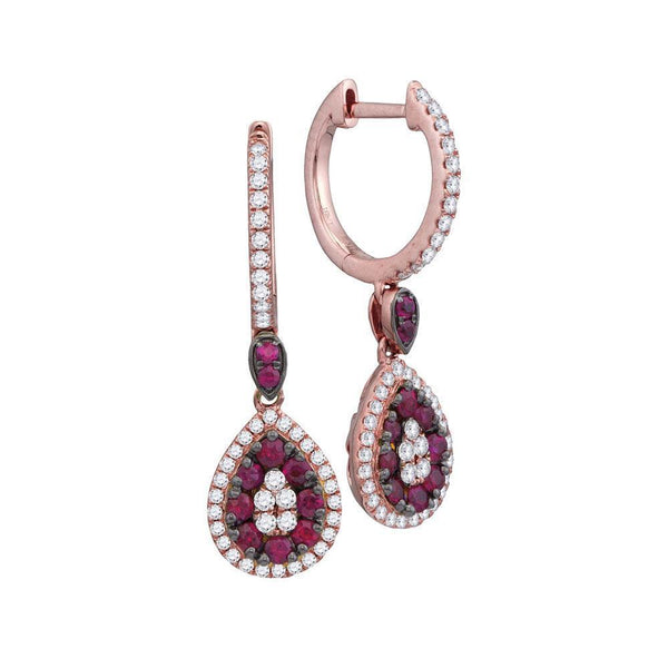 18kt Rose Gold Women's Ruby Diamond Teardrop Dangle Earrings 7/8 Cttw-Gold & Diamond Earrings-JadeMoghul Inc.