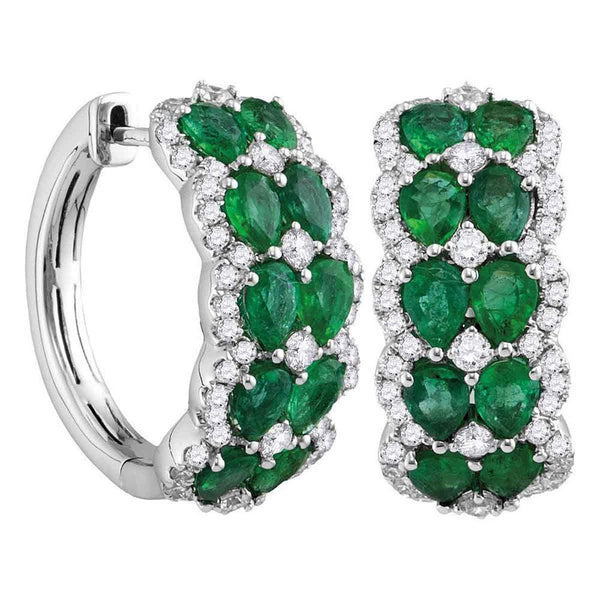 18kt White Gold Women's Emerald Diamond Double Row Hoop Earrings 4.00 Cttw-Gold & Diamond Earrings-JadeMoghul Inc.