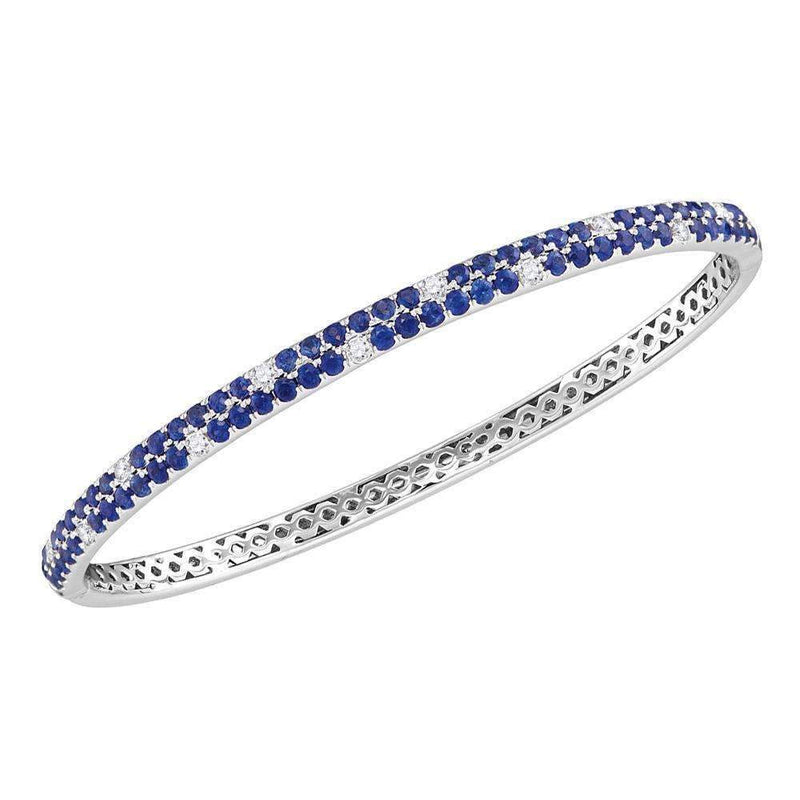 18kt White Gold Women's Round Blue Sapphire Diamond Double Row Bangle Bracelet 3-1-3 Cttw - FREE Shipping (US/CAN)-Gold & Diamond Bracelets-JadeMoghul Inc.