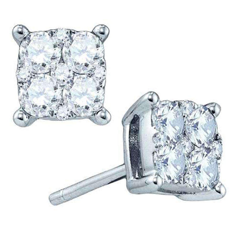 18kt White Gold Women's Round Diamond Square Cluster Screwback Earrings 1-1-2 Cttw - FREE Shipping (USA/CAN)-Gold & Diamond Earrings-JadeMoghul Inc.