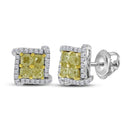 18kt White Gold Womens Round Yellow Color Enhanced Diamond Square Cluster Earrings 1-1-2 Cttw-Gold & Diamond Earrings-JadeMoghul Inc.
